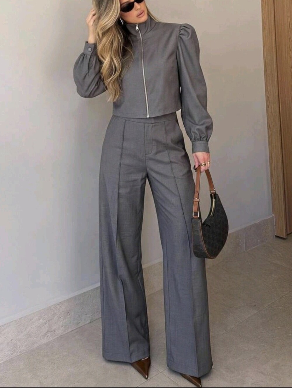 Stand Collar Zipper Jacket And Loose Pocket Pants Set Office Gray Business Casua